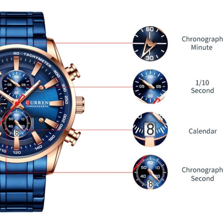 CURREN Часы со стальным ремешком, простой календарь, деловые часы с большим циферблатом, водонепроницаемые мужские модные часы