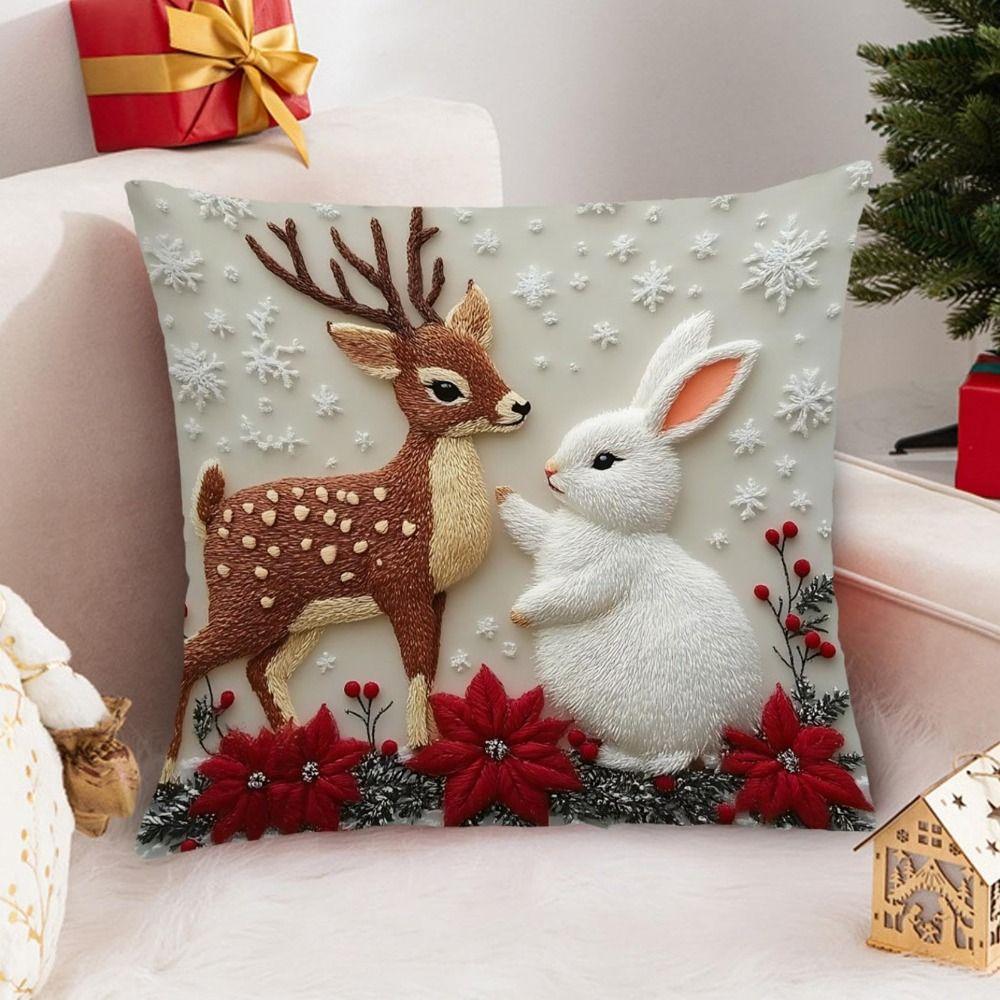 Linen Throw Cushion Cover Elk Santa Claus Snowman Xmas Tree Pillow Case  Living Room