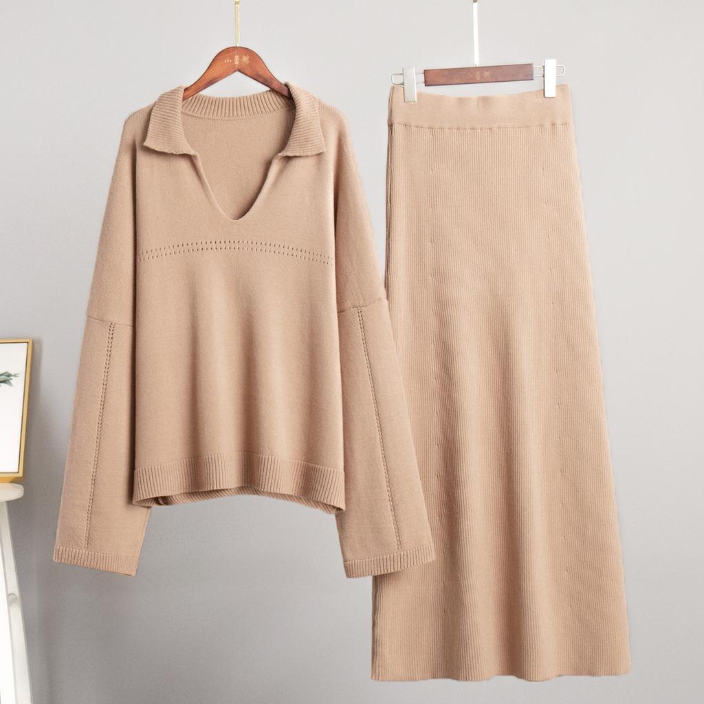 Женские комплекты из 2 предметов: свитер, юбка, повседневный трикотажный топ с длинным рукавом и V-образным вырезом, миди-платье, осенне-зимний трикотажный пуловер, облегающая юбка для женщин