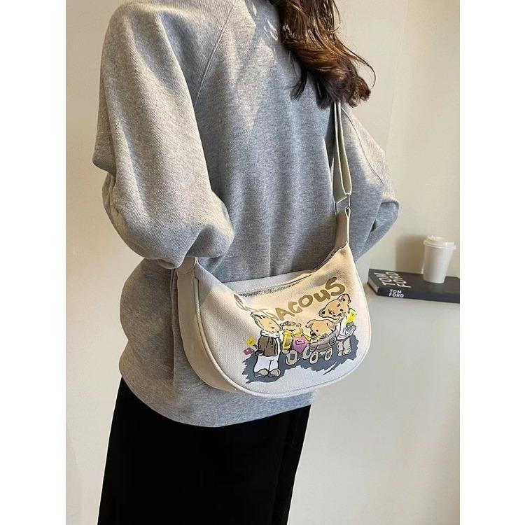 Shoulder Bag for Women Cartoon Bear Pattern Saddle Bag Fashionable Girl Canvas Dumpling Bag