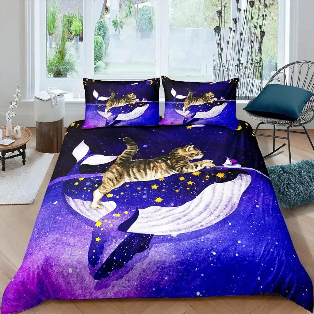 Funny Pirate Cat Duvet Cover Set Cat Riding Whale Japanese-Style Sea Wave Bedding Sets Stripe Lines Comforter Cover Full Queen