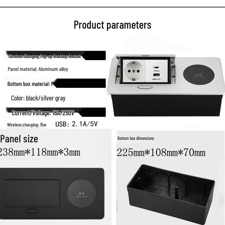 Скрытая настольная розетка с беспроводной зарядкой, USB-C и опциями питания (Стандарт ЕС и США)