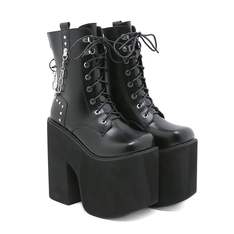 European and American chain Martin boots, express sales, front lace-up square head catwalk women's boots, super high and waterproof women's short boot