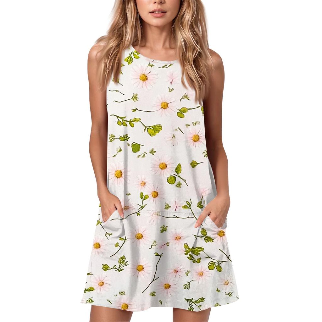 Женское летнее повседневное платье с круглым вырезом и принтом, платье без рукавов с карманами