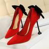 Fashion Fashion Elegant Women Shallow Mouth Thin High Heels Pumps Sweet Cute Wedding Pointed Toe Back Bow Prom Suede Single Shoes