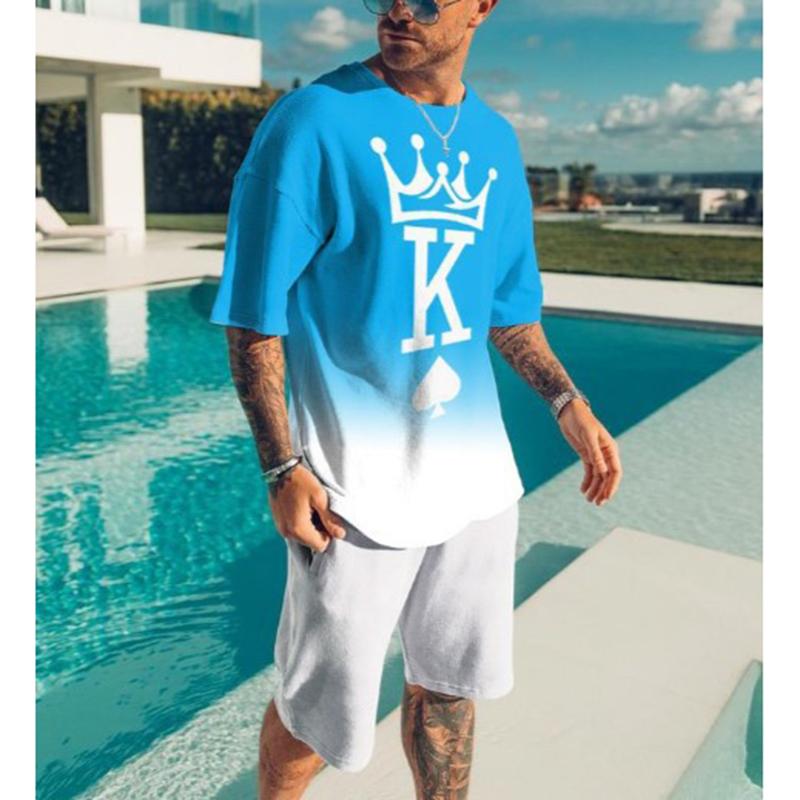 Летние мужские комплекты с 3D принтом буквы K, футболка с коротким рукавом, шорты, спортивный костюм, мужской костюм с круглым вырезом, повседневная мужская одежда из 2 предметов, спортивная одежда