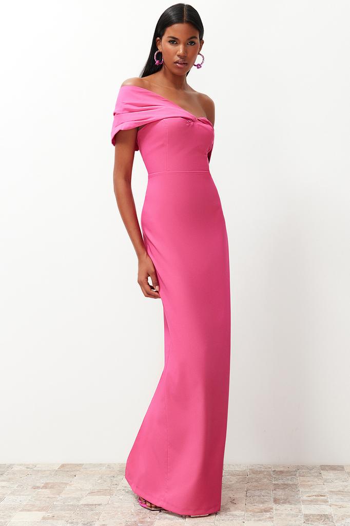 Women's Fashion New Evening Dress & Graduation Dress Black Fitted Asymmetrical Collar Poplin Detailed Long Evening Evening Dress