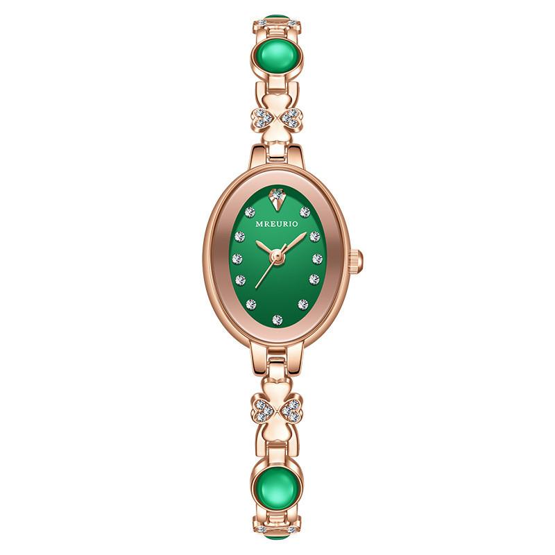 Luxury Green Gemstone Ladies Watch With Quartz Movement And Brass Clasp For Daily Use