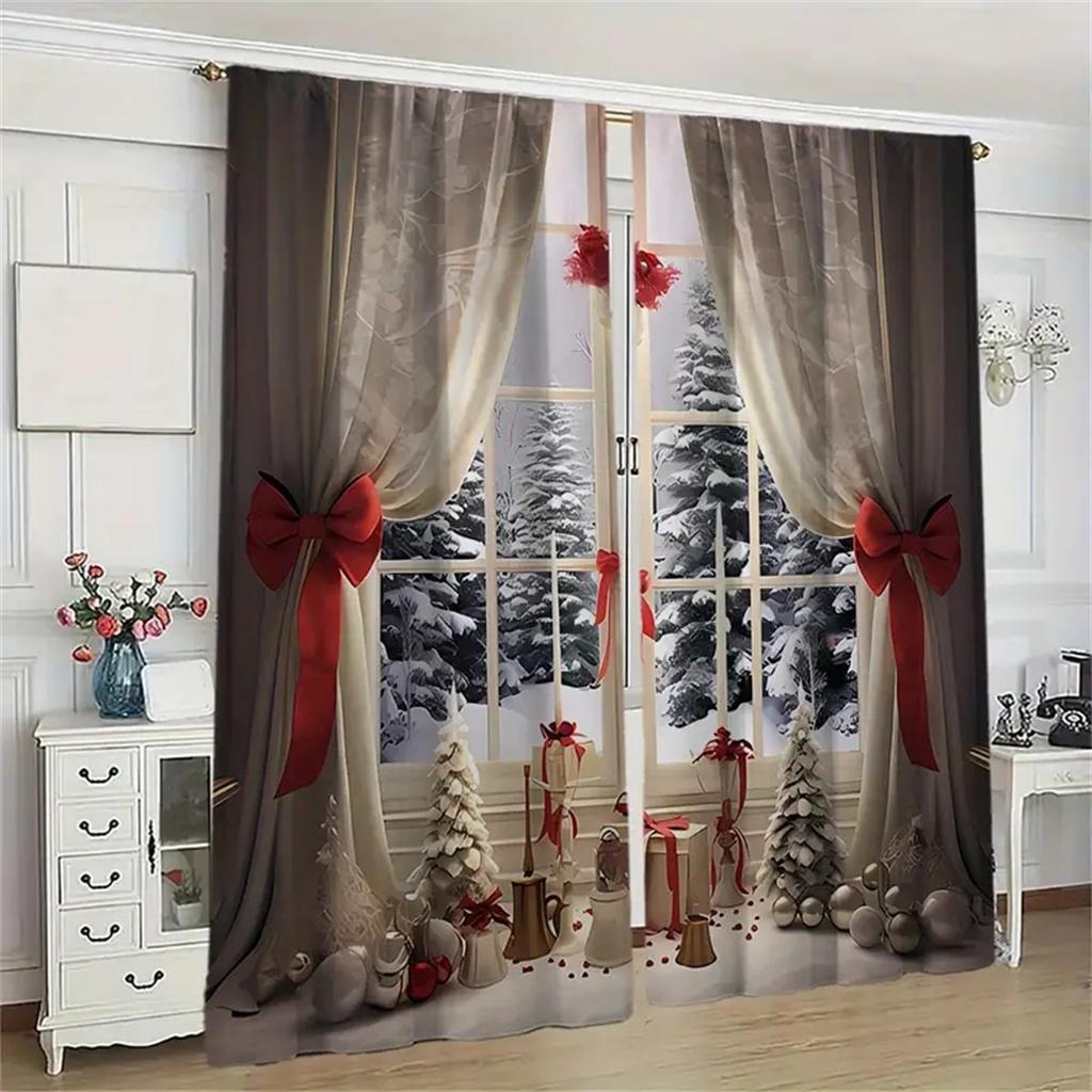 2Pcs Christmas Present Luxurious Christmas Decoration Curtains Festive Digital Print Holiday Decor Living Room Bedroom Kitchen