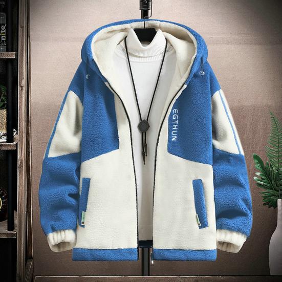 Мужская куртка Осень Зима Colorblock С капюшоном На молнии Кардиган Толстый Плюшевый Декор с буквами