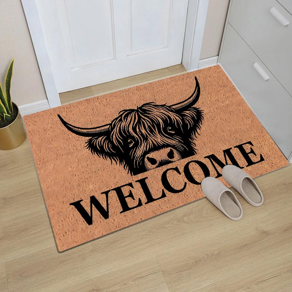 VIKAMA Highland Cow Welcome Doormat Indoor/Outdoor Non-Slip Entrance Rug Kitchen & Bedroom Floor Mat Rustic Home Decor