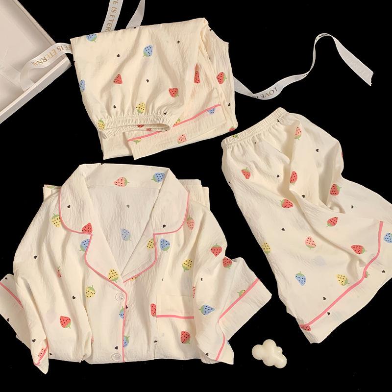 Summer Three-Piece Pajamas Homewear Clouds Cotton Pajamas Girls Short-Sleeved Small Strawberry Casual Pajamas Homewear