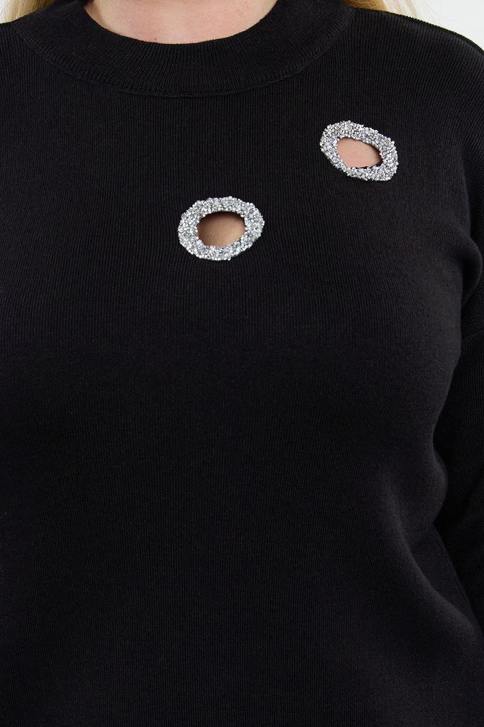 Women's Fashion Stylish Plus Size Sweater Black Stoned Cut Out Detailed Knitwear Sweater