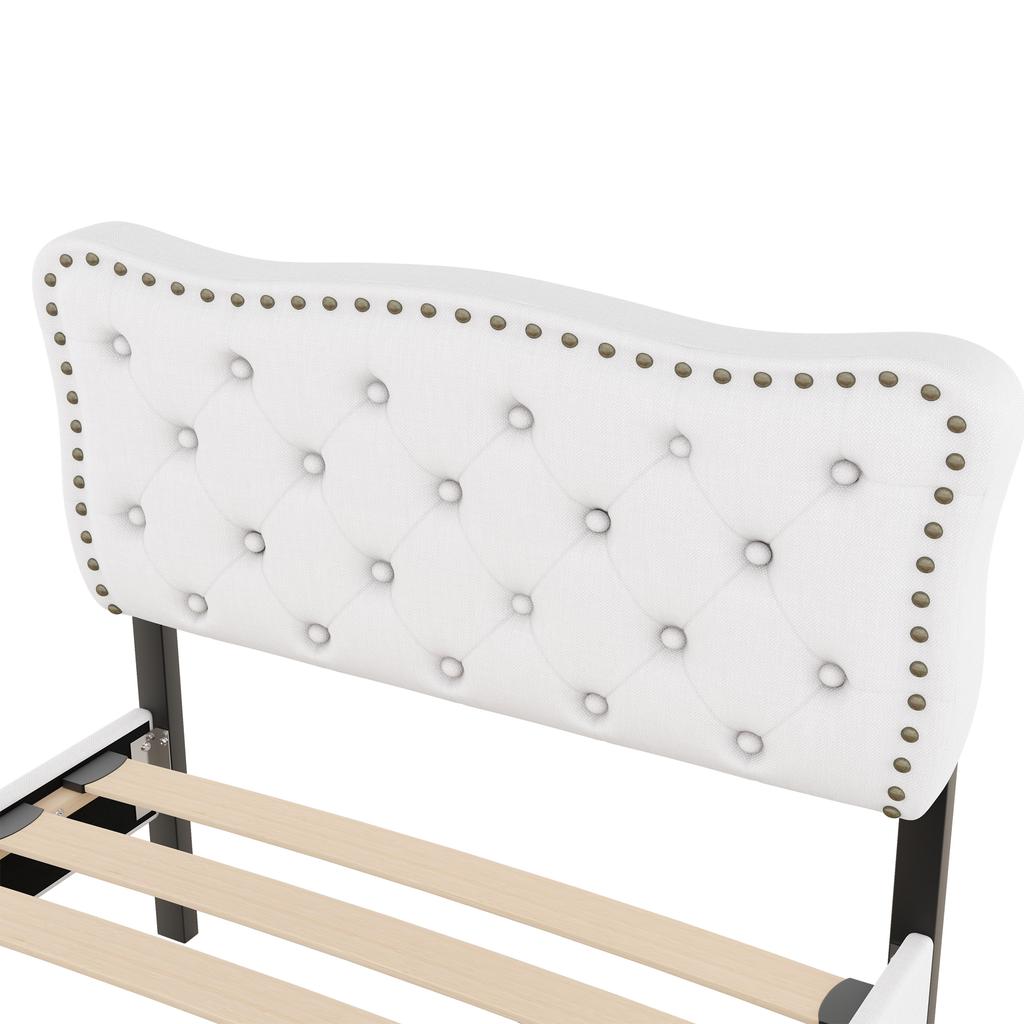 90*200 cm Flat Bed, Upholstered Bed, Headboard Upholstery with Decorative Rivets, Double Drawers, Light Beige