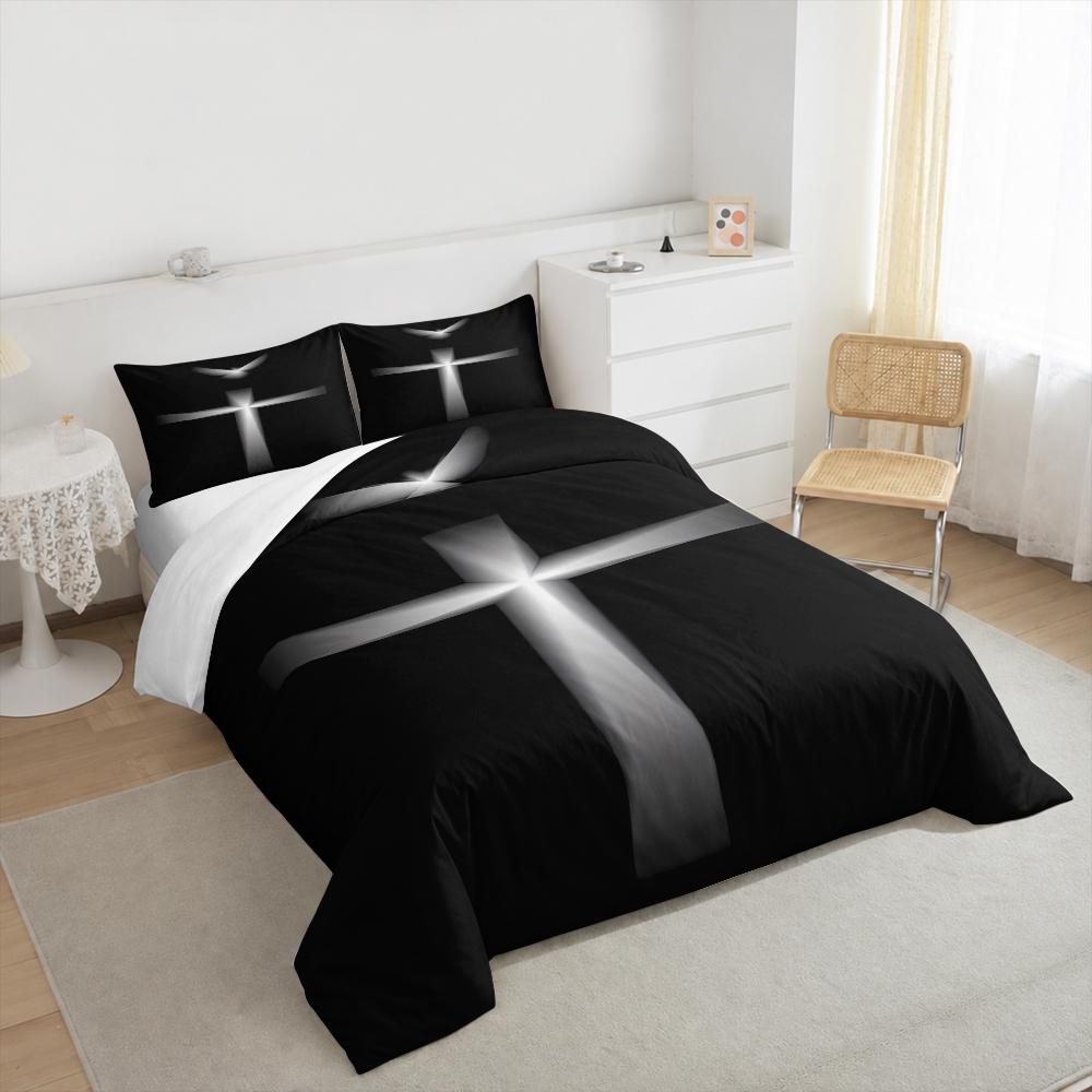 Minimalist White Glowing Cross Bedding set (1 duvet cover, 2 pillowcases, duvet not included), Black and White Faith Art Print