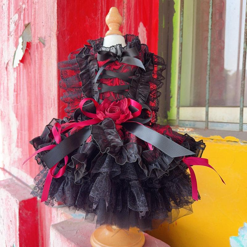 Luxury Handmade Pet Dog Clothes Fine Fashion Black Pink Rose Flower Lace Party Princess Dress For Small Medium Dog Puppy Outfits
