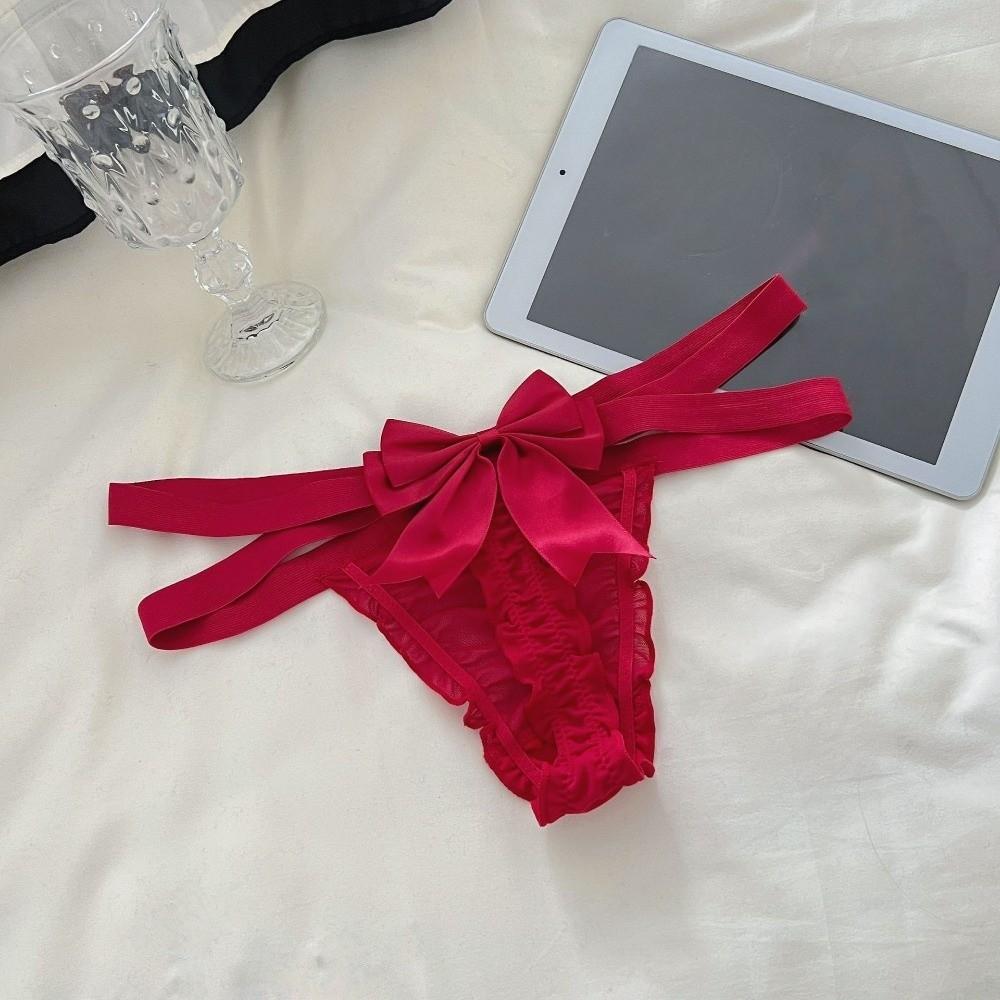 Delicate Bow Briefs Low Waist Sheer Mesh Panties Sweet Cross Strappy Thong  Valentine's Day