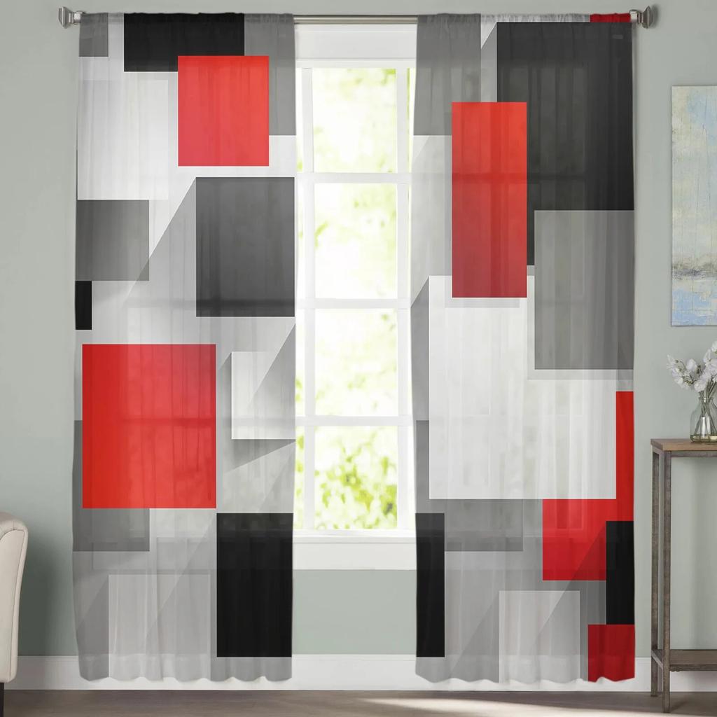 Geometric Figures Red Black Grey Abstract Bedroom Transparent Sheer Curtains Holiday Decoration Window Voile Tulle Curtain