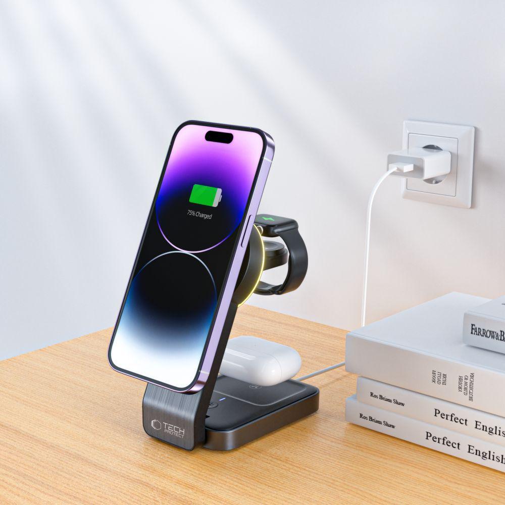 Tech-Protect Qi15W-A28 3In1 Magnetic Magsafe Wireless Charger Black