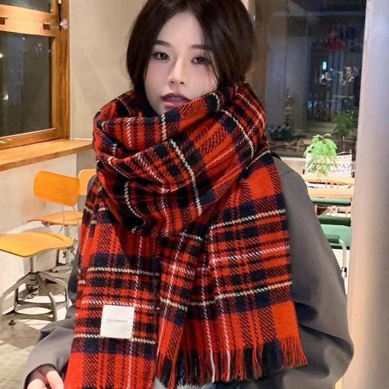 Atmosphere Red Plaid Scarf Female Winter Retro Versatile Student Couple Warm Scarf Christmas Gift