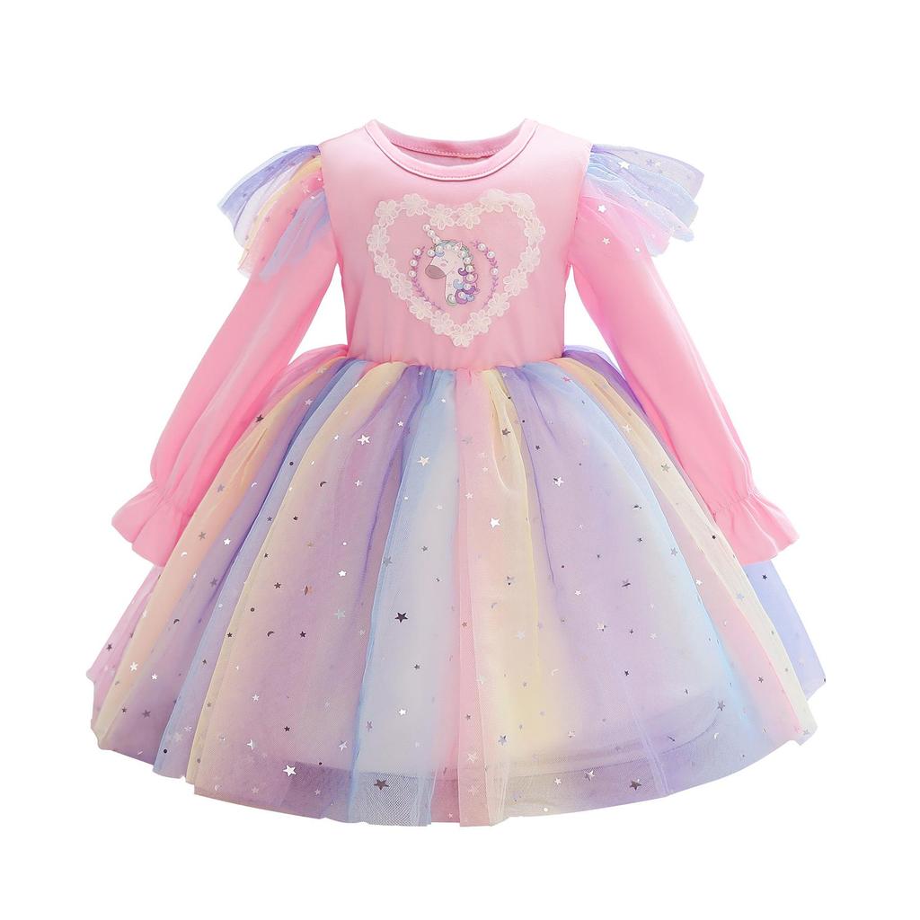 2024 New Spring Autumn Toddler Daily Girls Dresses Long Sleeve Sequin Unicorn Princess Costume Tutu Party Xmas Gift 3-10 Years