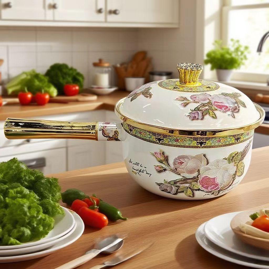 Универсальный эмалированный фарфоровый ковш с одной ручкой для молока, супа, лапши и детского питания - Совместим с индукционными/газовыми плитами