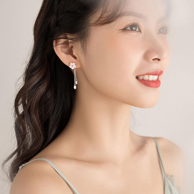 Серьги с розовым цирконием в виде цветущей вишни Пара сережек с цветком феи Длинные серьги с кисточками Серьги