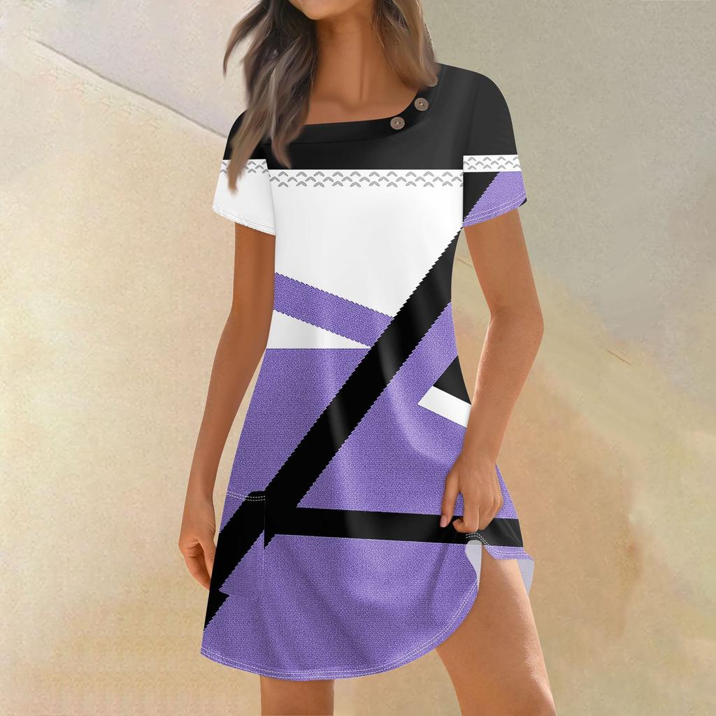 Женская мода, летние платья с квадратным вырезом и коротким рукавом, повседневные свободные платья с карманами и пуговицами в стиле пэчворк с принтом