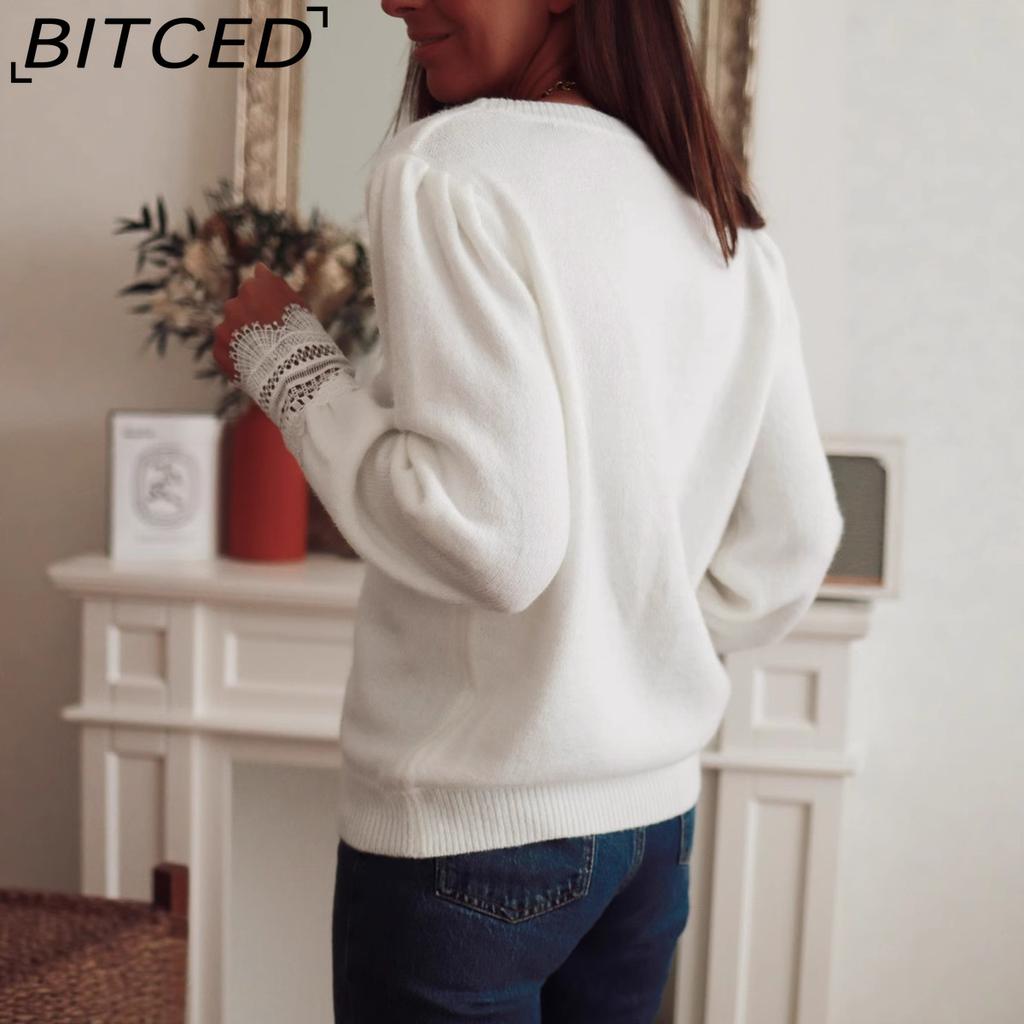 BITCED Осенне-зимний элегантный женский пуловер с длинными рукавами с кружевными вставками