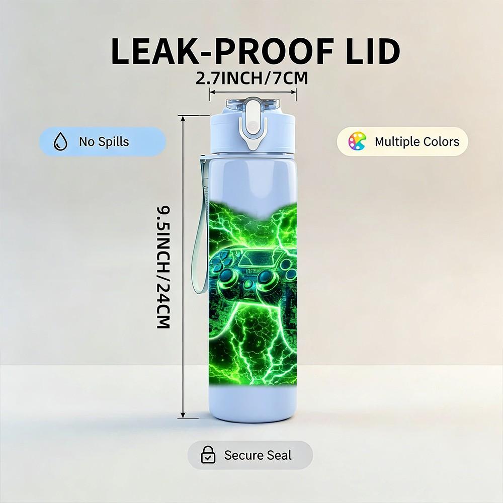 1PC Green Lightning Energy Square Print 750ml Color Plastic Sports Water Bottle Leakproof Flip Straw Lid Suitable for Sports Office Home Use