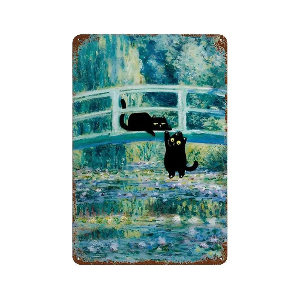 Знаменитая картина «Мона Лиза Звездная ночь» с забавным черным котом, постер, металлическая жестяная вывеска, табличка, настенное искусство, домашний декор для гостиной, спальни