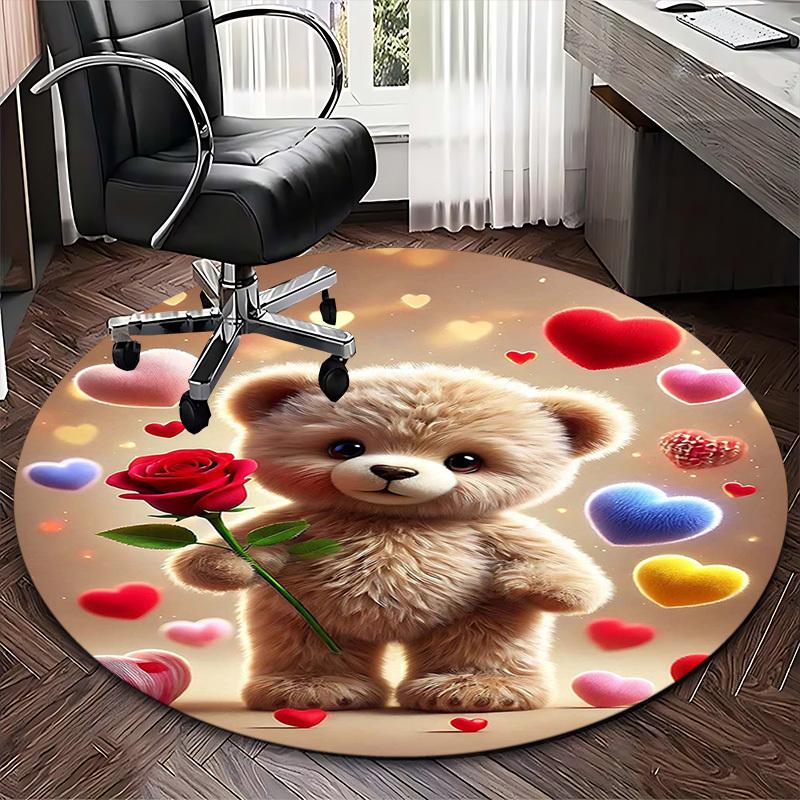 1pc Cute Teddy Bear with Rose Round Carpet - Anime Design, Valentine's Day Gift, Office Chair Mat, Non-Slip Rug for Home Decor.D001