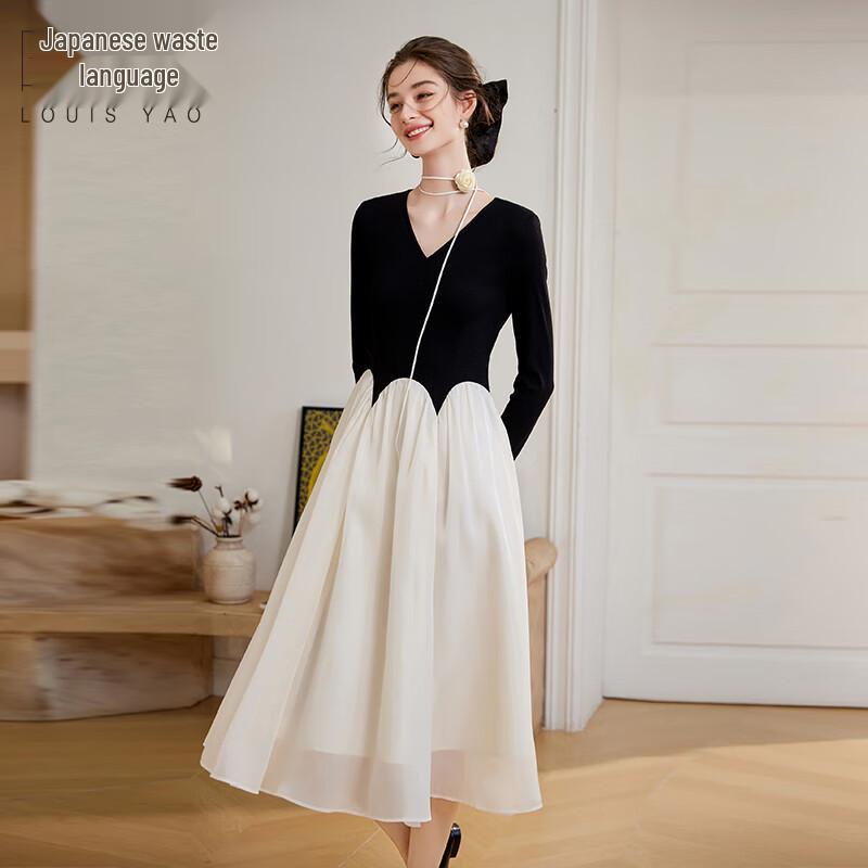 Bailuyu Elegant V-Neck Color-Block A-Line Knit Dress