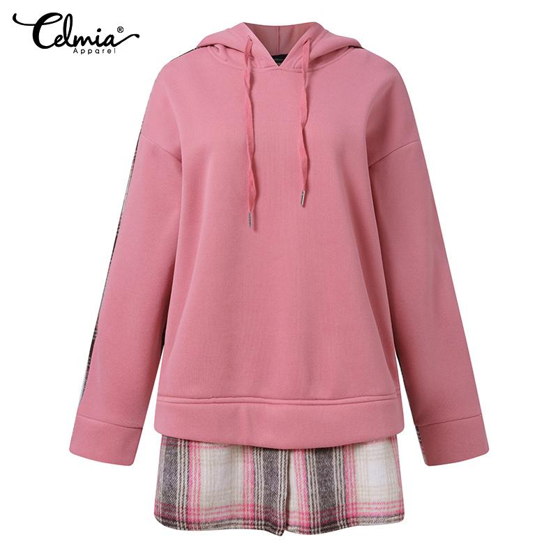 Celmia Autumn Women Plaid Long Sleeved Patchwork Casual Loose Hoodies Sweatshirts