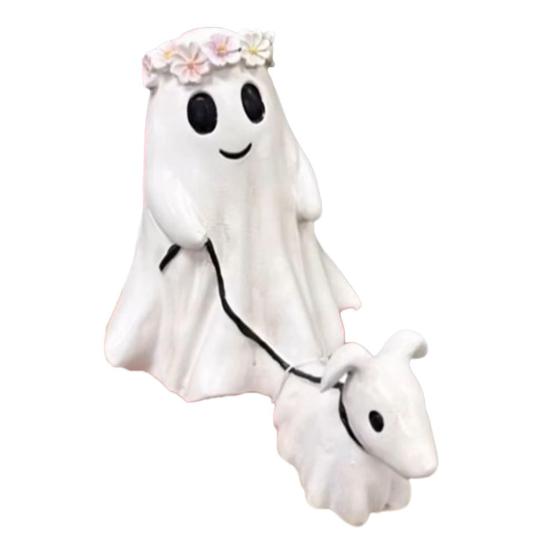 Halloween Ghost Walking Dog Statue Spooky Garland Ghost Walking Puppy Figurine Resin Sculpture Indoor Outdoor Desktop Decoration Ornament