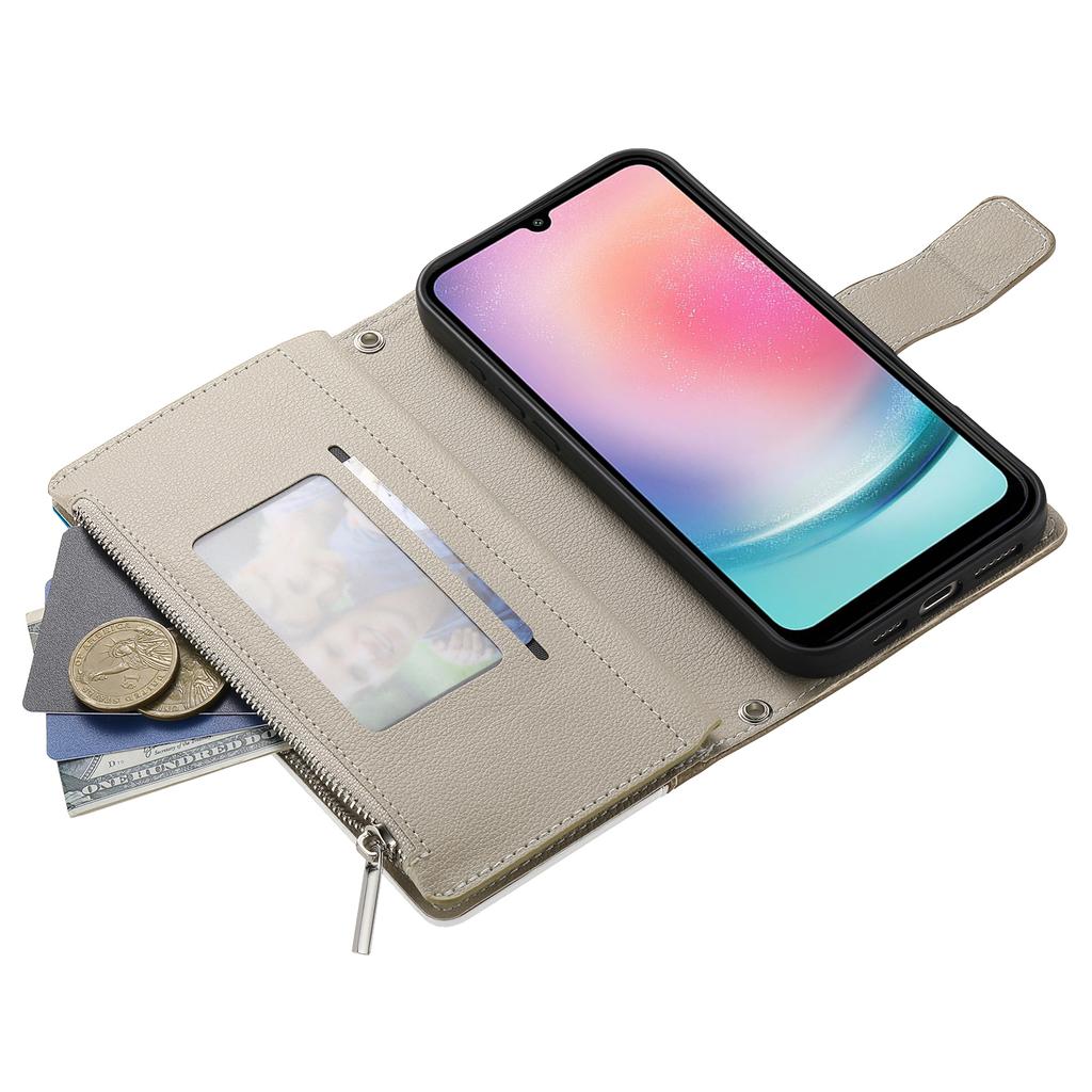 Для Samsung Galaxy A24 4G (162.1мм) Чехол-кошелек на молнии, кожаный откидной чехол для телефона с ремешками, цветная вставка