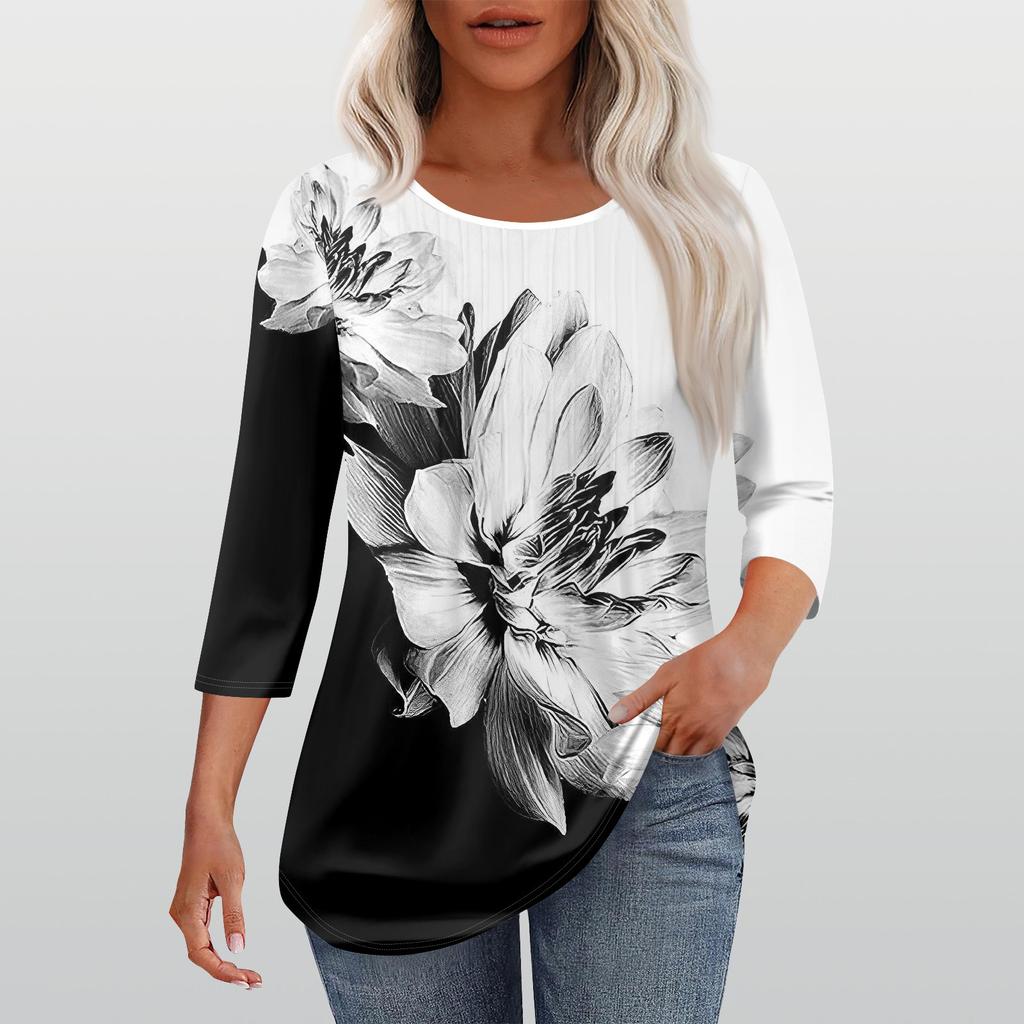 Рубашки с рукавом 3/4 для женщин, модные, повседневные, с круглым вырезом, с принтом, футболка, топ