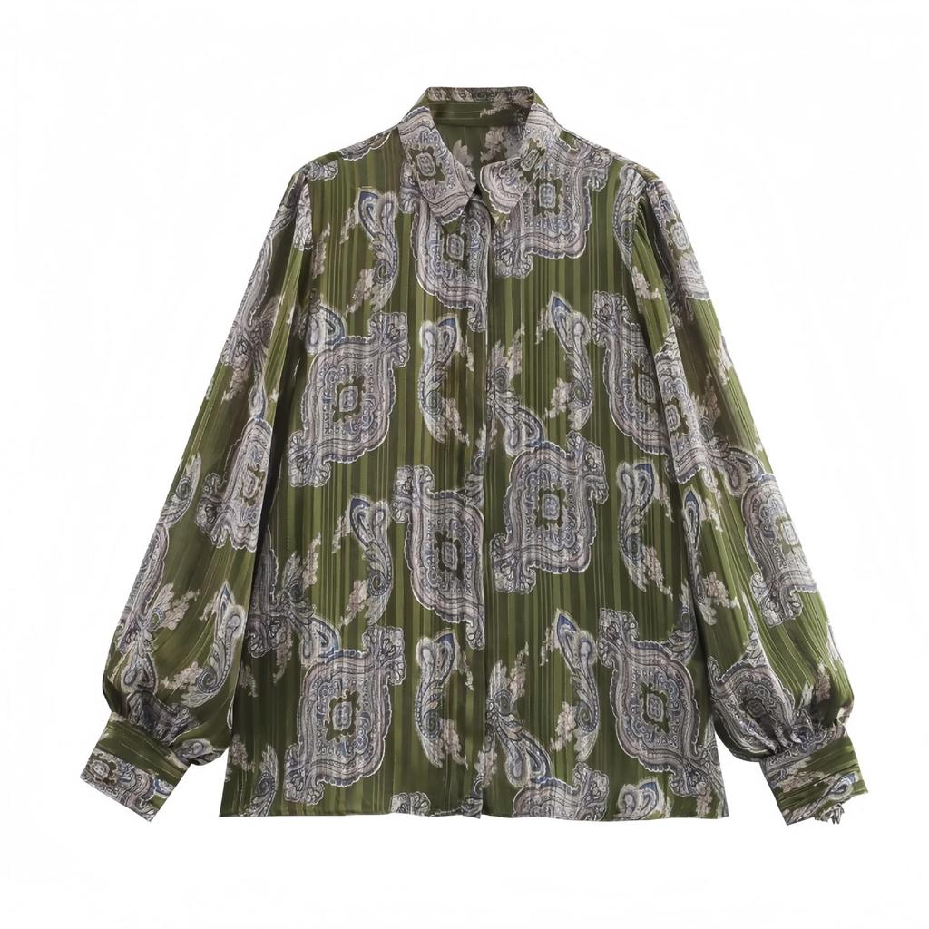 2025 Весна Женская рубашка с отложным воротником и принтом из металлизированной нити