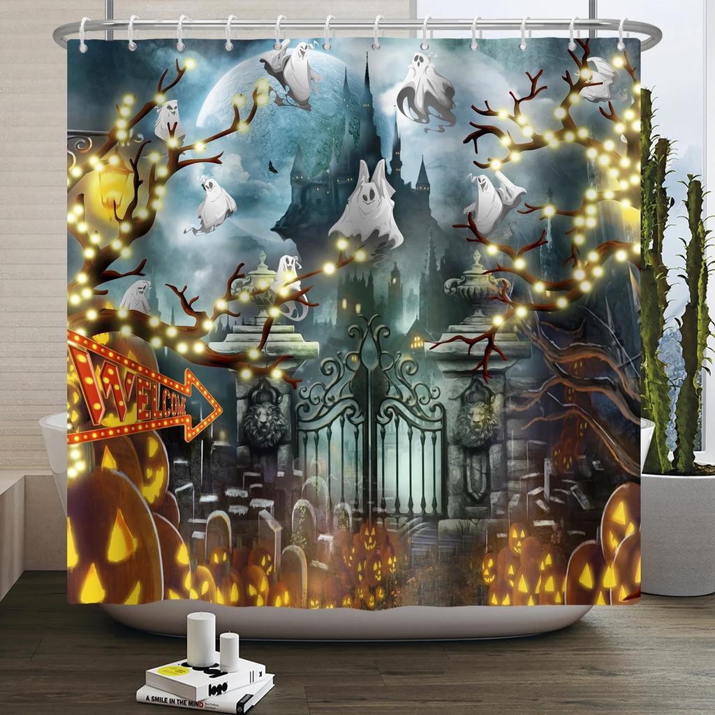 Хэллоуин Занавеска для душа Ужас Лунная ночь Тыква Череп Скелет Страшный Замок Ведьма Призрак Кладбище Водонепроницаемые Занавески для ванной
