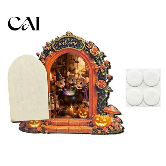 Holiday Gift for Children Halloween Mouse Hole Wall Decoration, Retro Arched Fairy Door with Pumpkin Openable Miniature Ornament & Flower Decor, Home