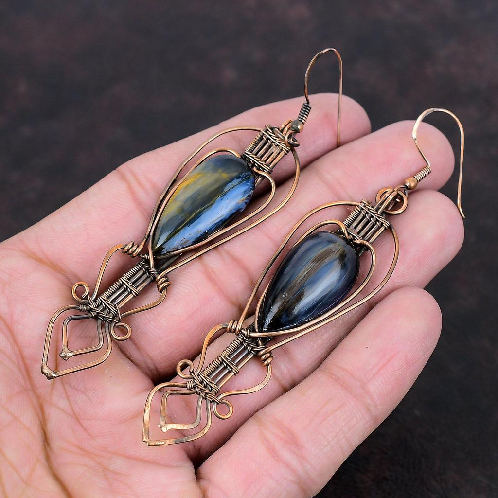 Серьги Pietersite, медные серьги с проволочной обмоткой, висячие серьги, медные украшения, серьги ручной работы с настоящим драгоценным камнем, абсолютно новые серьги в подарок маме
