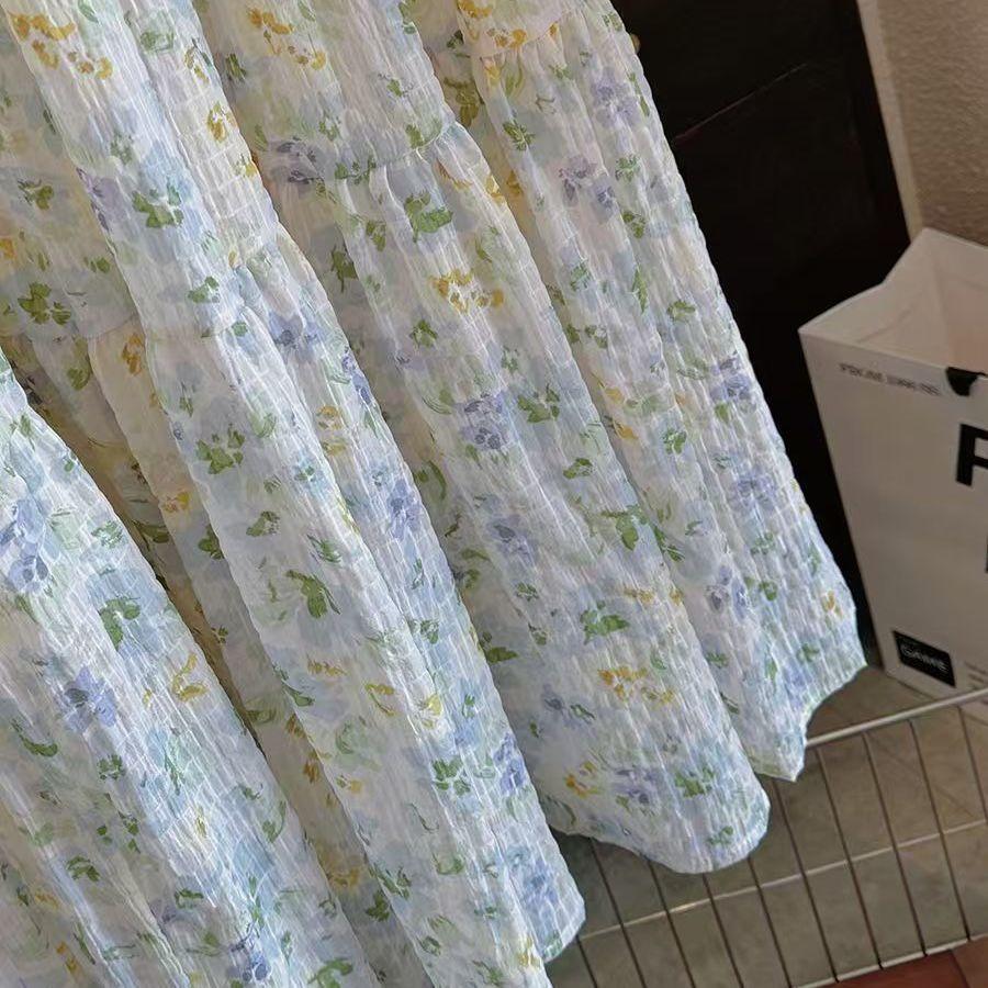 Нежная юбка с французским цветочным принтом, летняя новая маленькая свежая длинная юбка, утягивающая юбка с высокой талией, юбка-трапеция с принтом торта