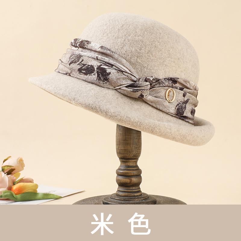 Wool Hat Women's Autumn and Winter Versatile Basin Hat Wool Blended Retro Elegant Top Hat Rolled Brim Bucket Hat