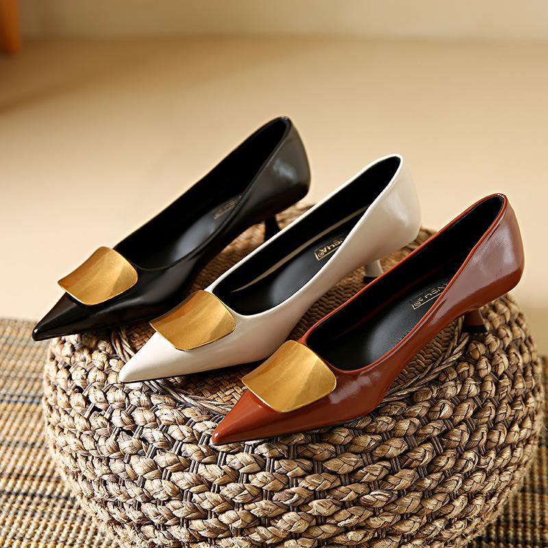 Low Heels Pumps for Women Leather Closed Toe Pointed Toe Kitten Heels Comfort Slip On Stiletto Pumps Women's Work Office Business Wedding Dress Shoes