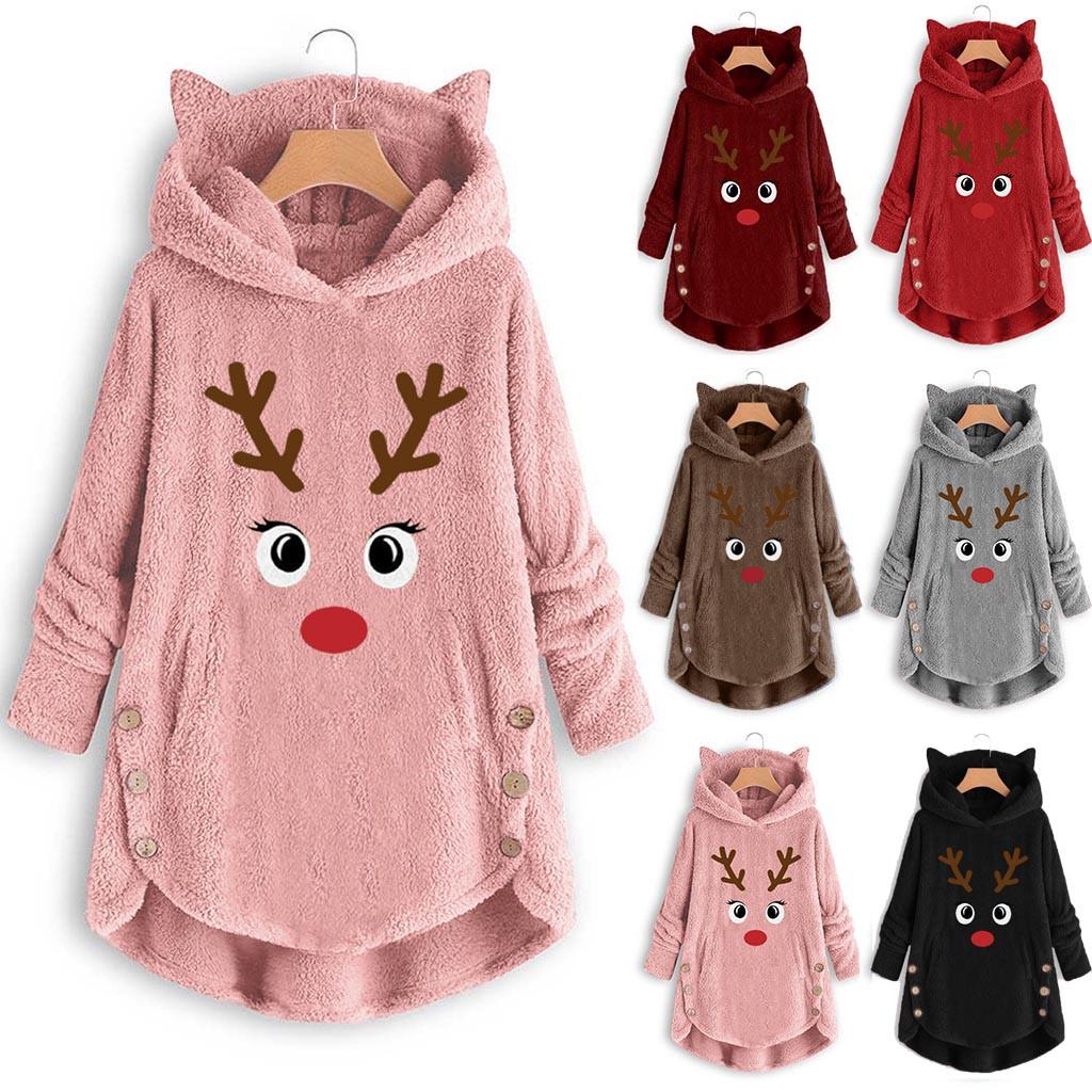 Fashion Winter Irregular Ladies Coat Christmas Embroidery Warm Button Top Plush Loose Cute Cat Ear Jacket Sweater