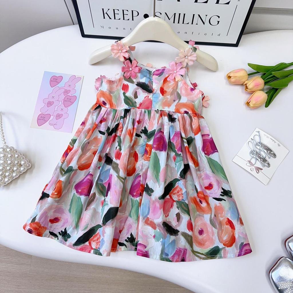 Детское летнее платье с цветочным принтом на тонких бретелях - платье-жилет в французском стиле "принцесса" AXB685