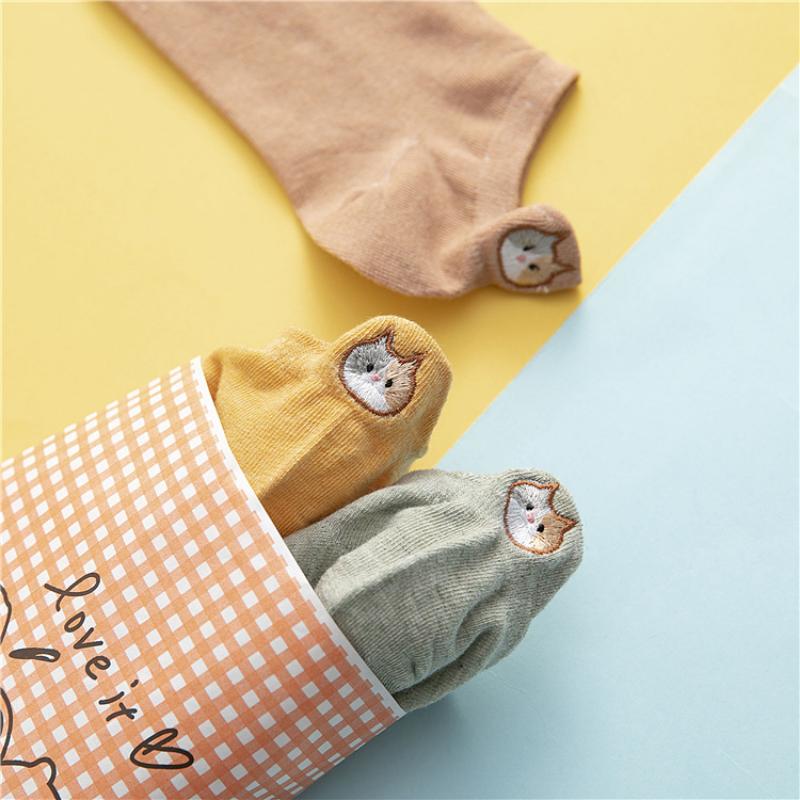 Женские хлопковые носки с милой кошкой и вышивкой ярких цветов, женские повседневные носки