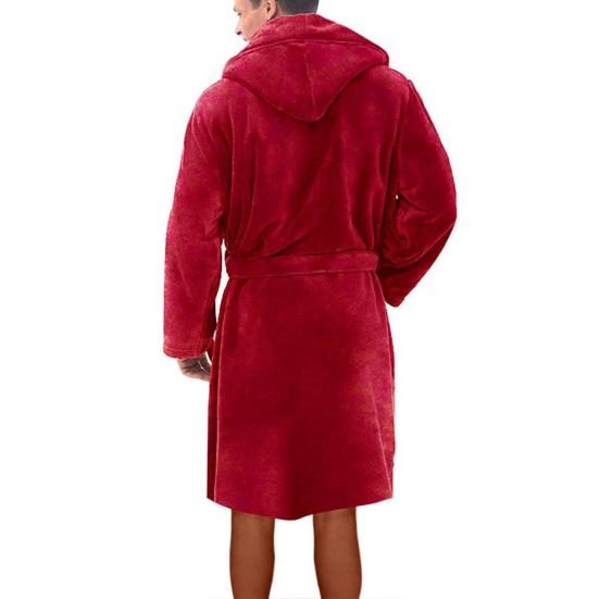 Long Sleeve Pocket Belt Solid Color Men Bathrobe Winter Warm Hooded Long Fleece