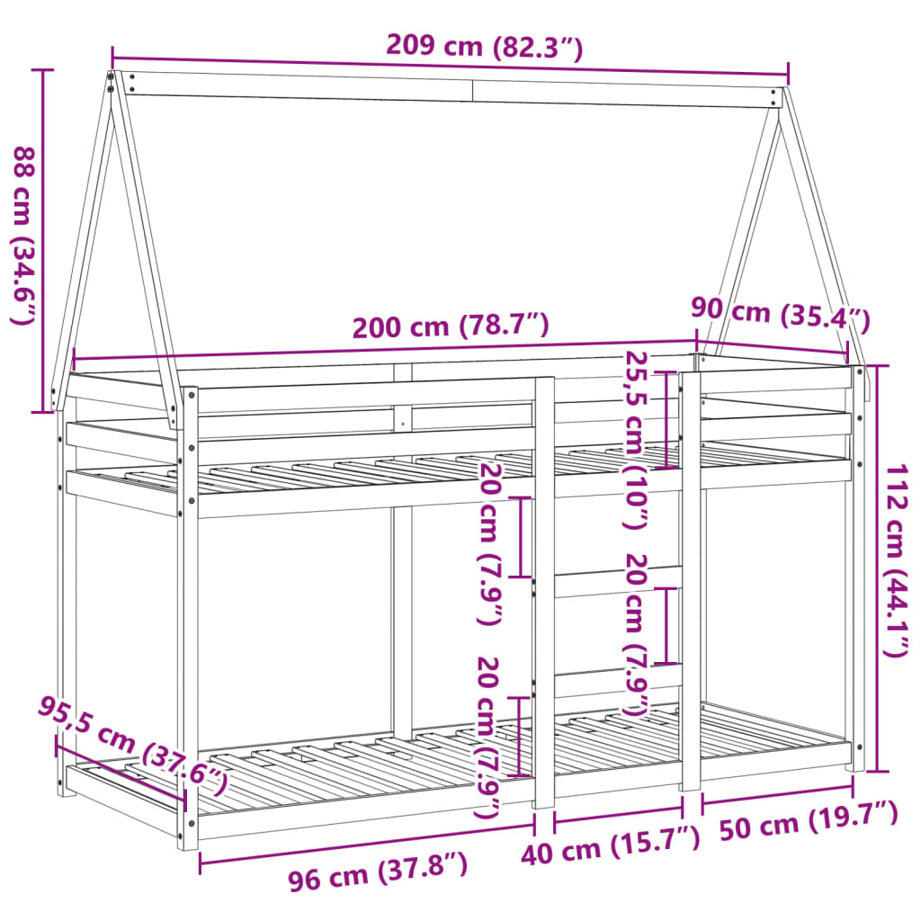 Bunk Bed with Roof Wax Brown 80 x 200 cm Solid Pine Wood