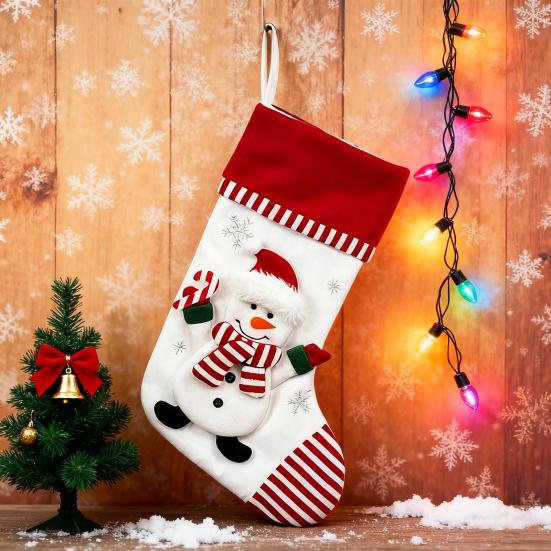 3D Christmas Stocking Santa Snowman Reindeer Cat Dog Pattern Traditional Holiday Hanging Stocking Fireplace Decor
